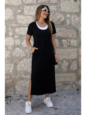 Deridün Yıldız Shoes Kadın Kısa Kollu Içi Atlet Görünümlü Yandan Yırtmaçlı Uzun Viskon Elbise