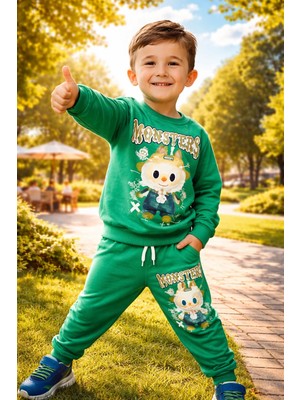 Almira Anne Bebek Yeşil Erkek Çocuk Takım - Monstera Baskılı Çok Parçalı Set