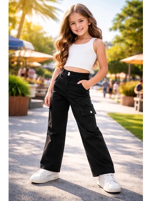 Almira Anne Bebek Kız Çocuk Gabardin Pantolon Yüksek Bel Cepli Siyah Beden 5-9 Yaş