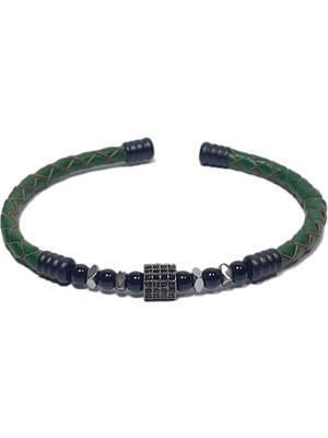 JTSS26BLK1770 Paslanmaz Çelik Bilezik Hakiki Deri Kaplama Zirkon Onyz ve Hematit Doğaltaşlı Garantili Janti Bileklik