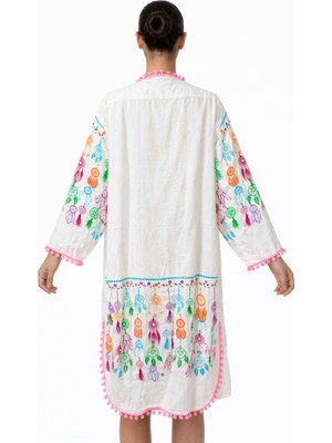 Emillie Desenli Ponpon Detaylı Kadın Kimono – %100 Pamuk Plaj & Yazlık Tunik