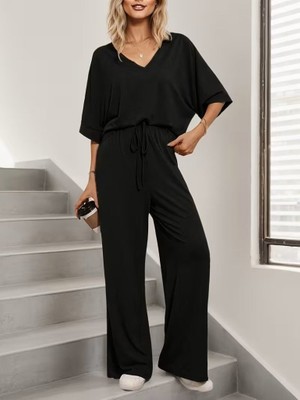 Runiquehome Kadın Kısa Kollu V Yakalı Viskon Bluz ve Pantolon Ikili Takım