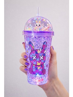 Biton Toptan Pipetli Suluk Tavşan Temalı Buz Görünümlü  LED Işıklı 450 ml Çift Katman Mika Su Şişesi 2087 Mor