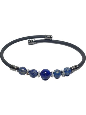 JTSS26BLK1784 Paslanmaz Çelik Bilezik Silikon Kaplama Lapis Lazuli ve Hematit Doğaltaşlı Garantili Janti Bileklik