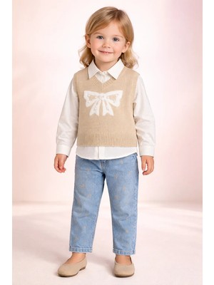 Almira Anne Bebek Kız Çocuk Krem Renkli Taş Işlemeli Takım Yazlık Giyim