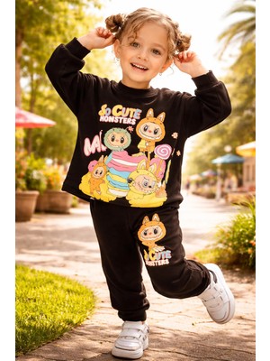 Almira Anne Bebek Kız Çocuk Için Siyah Monster Desenli Takım - Rahat ve Şık