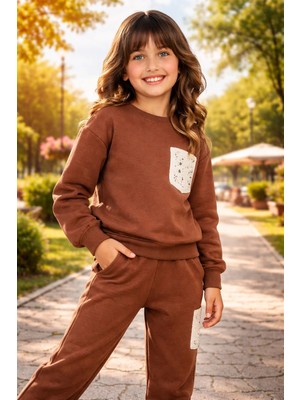 Almira Anne Bebek Kız Çocuk Eşofman Takımı Kahverengi Cepli Spor Giyim