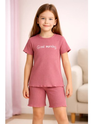 Almira Anne Bebek Kız Çocuk Yazlık Pamuklu Takım 10-15 Yaş Fitilli Kısa Kollu Pudra Renk