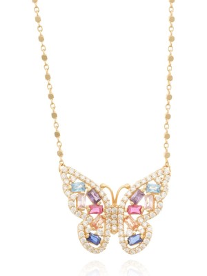 Berk Mücevherat 14 Ayar Altın Renkli Taşlı Kelebek Kolye