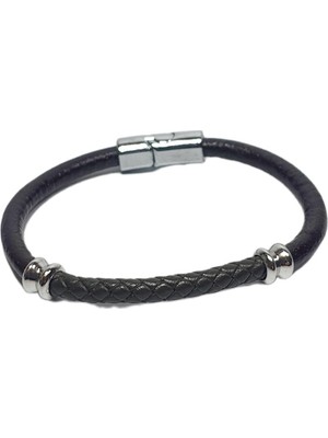 JTSS26BLK1788 Alaşımlı Metal Kilit Hakiki Deri Janti Bileklik