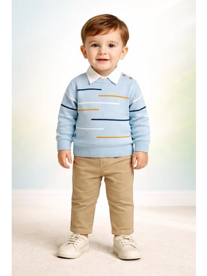 Almira Anne Bebek Bebek Erkek Için Mavi Çizgili Takım Yüksek Konforlu Günlük Giyim