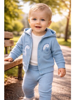 Almira Anne Bebek Bebek Erkek Mavi Dinozor Takım Yazlık 3 Parça Günlük Kullanım