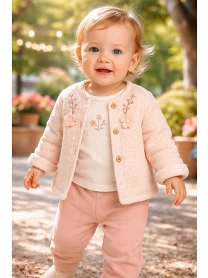 Almira Anne Bebek Bebek Kız Takım - Çiçek Nakışlı Welsoft Ceketli Set