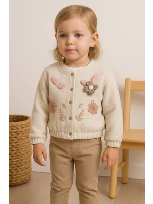 Almira Anne Bebek Kız Bebek Çiçek ve Yaprak Desenli Simli Ceketli 3lü Takım