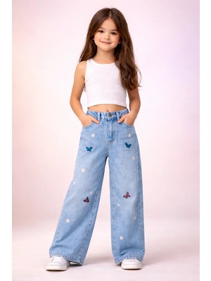 Almira Anne Bebek Kız Çocuk Mavi Kot Pantolon Bol Paça Desenli Beden Seçenekleri