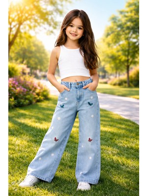 Almira Anne Bebek Kız Çocuk Kot Pantolon Renkli Desenli Bol Paça Bedenler