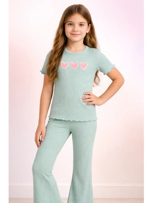 Almira Anne Bebek Kız Çocuk Pijama Takımı Yazlık Fitilli Kısa Kollu Kalp Baskı