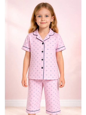 Almira Anne Bebek Yazlık Kız Çocuk Pijama Takımı Çiçek Baskılı Düğmeli Kısa Kollu