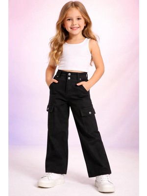 Almira Anne Bebek Kız Çocuk Yüksek Bel Kargo Cepli Gabardin Pantolon Beden 5-9 Yaş