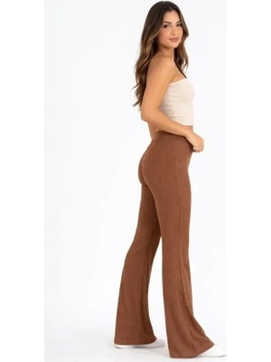 Uslucan Alışveriş Fitilli Kaşkorse Ispanyol Paça Tayt Yüksek Bel Esnek Günlük Rahat Pantolon - Kahverengi