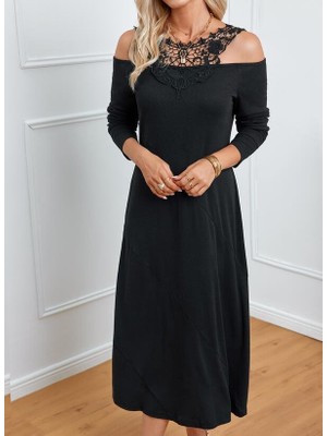 Infivento Kadın Uzun Kollu Yaka Önü Güpürlü Madonna Yaka Viskon Midi Boy Elbise