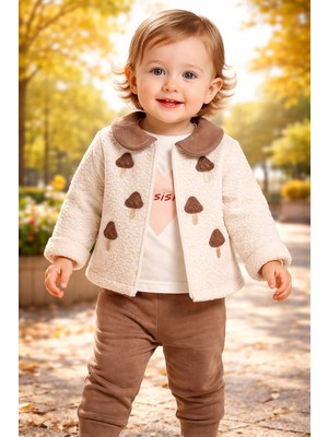 Almira Anne Bebek Bebek Kız Için Konforlu Krem Renkli Mantar Baskılı Takım