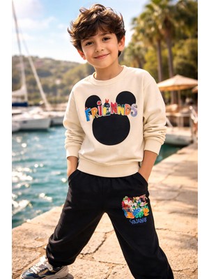 Almira Anne Bebek Kız ve Erkek Çocuk Spor Takımı Krem Mickey Baskılı Günlük Giyim