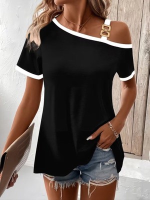 Nnstartshopping  Kadın Kısa Kollu Tek Omuzu Açık Askı Toka Detaylı Viskon Bluz