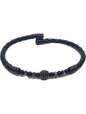 JTSS26BLK1778 Paslanmaz Çelik Bilezik Hakiki Deri Kaplama Zirkon Onyx ve Hematit Doğaltaşlı Garantili Janti Bileklik