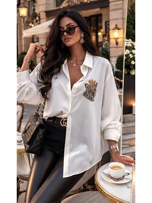 Livizmir Moda Kadın Leopar Baskılı Taş Işlemeli Jessica Kumaş Gömlek