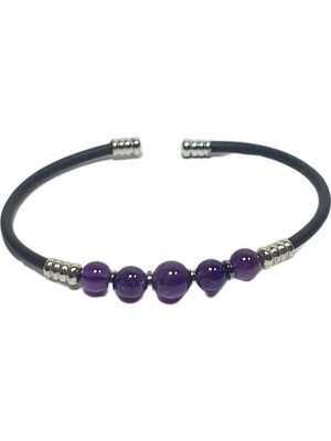 JTSS26BLK1738 Paslanmaz Çelik Bilezik Silikon Kaplama Ametist ve Hematit Doğaltaşlı Garantili Janti Bileklik