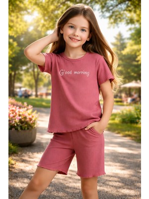 Almira Anne Bebek Yazlık Kız Çocuk Takım 10-15 Yaş Fitilli Pamuklu Pudra Renk