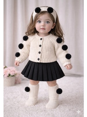 Mihrumay Kız Bebek Ponpon Hırkalı Etekli & Çoraplı 4'lü Takım