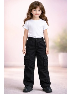 Almira Anne Bebek Çocuk Kız Pantolon Siyah Keten Bol Paça Cepli Günlük Rahatlık