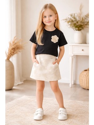 Almira Anne Bebek Yazlık Kız Çocuk Takım Siyah Kısa Kollu Çiçek Işlemeli