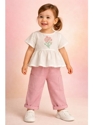 Almira Anne Bebek Kız Çocuk Yazlık Takım Krem Renkli Çiçek Nakışlı Müslin Gömlek ve Pantolon