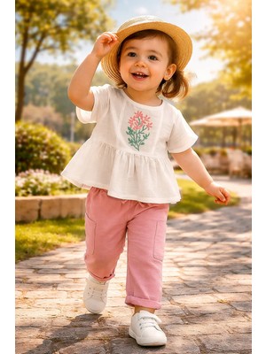 Almira Anne Bebek Kız Çocuk Yazlık Takım Krem Renkli Çiçek Nakışlı Müslin Gömlek ve Pantolon