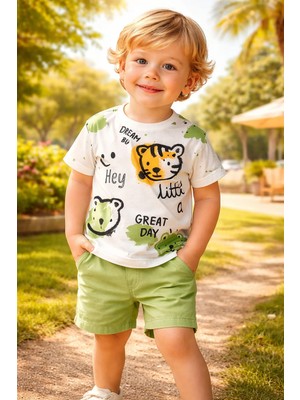 Almira Anne Bebek Yazlık Erkek Çocuk Takım Kedi Kafa Baskılı ve Şortlu