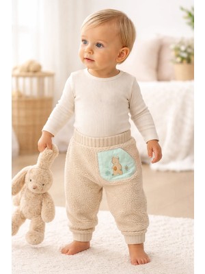 Almira Anne Bebek Bebek Erkek Pantolon Krem Peluş Ayıcık Baskılı Beli Lastikli