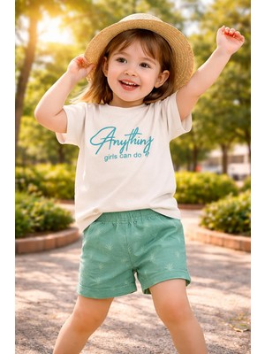 Almira Anne Bebek Kız Çocuk Yazlık Takım Krem Renkli Keten Şort ve Tişört