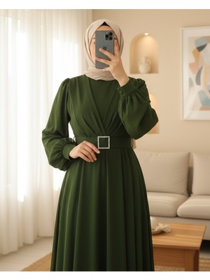 Modamorfo Kemeri Taşlı Önü Pileli Tesettür Elbise     -Haki