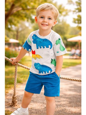Almira Anne Bebek Erkek Çocuk Yazlık Dinazor Baskılı Kısa Kollu Takım