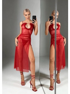 Gece İncisi Kırmızı Uzun Yırtmaçlı Transparan Gecelik Takım