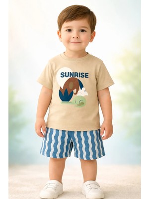 Almira Anne Bebek Yazlık Erkek Çocuk Takım Kahve Renkli Kısakollu ve Çizgili Şort