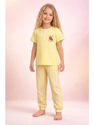Almira Anne Bebek Yazlık Kız Çocuk Pijama Takımı Çilek Baskılı Sarı Renk Bebek Giyim