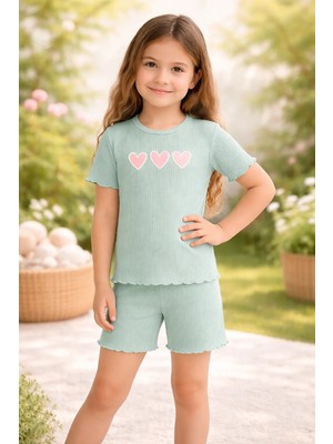 Almira Anne Bebek Kiz Cocuk Kalp Baskili Fitilli Su Yesili Renkli Sortlu Kisakollu Takim