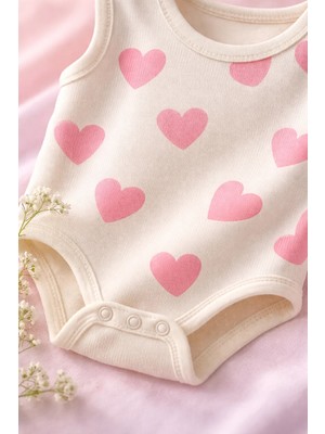 Almira Anne Bebek Kız Çocuk Pamuklu Body Kalp Baskılı Sıfır Kollu Yazlık
