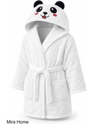 Mira Home Sevimli Panda Nakışlı Beyaz Pamuklu Kapşonlu Çocuk Bornozu