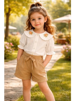 Almira Anne Bebek Kız Çocuk Yazlık Takım, Nakışlı Yaka ve Düğmeli Klasik Şıklık