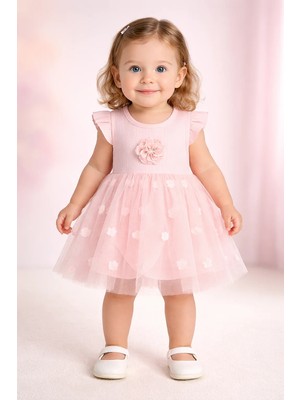 Almira Anne Bebek Bebek Kız Elbisesi Pembe Tüllü Çiçek Detaylı Yazlık Günlük Giyim
